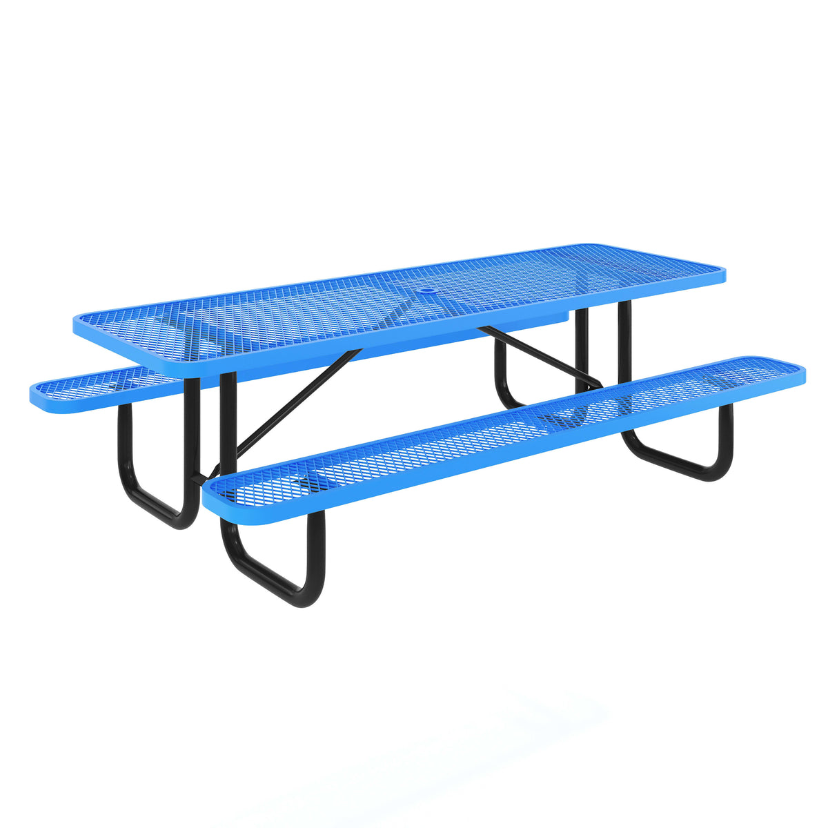 Blue,8' |#| Commercial 8' Rectangle Mesh Metal Outdoor Picnic Table with Ground Anchors-Blue