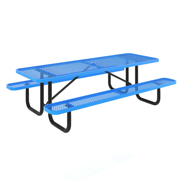 Blue,8' |#| Commercial 8' Rectangle Mesh Metal Outdoor Picnic Table with Ground Anchors-Blue