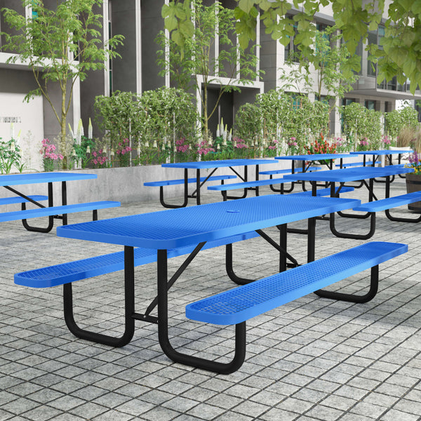 Blue,8' |#| Commercial 8' Rectangle Mesh Metal Outdoor Picnic Table with Ground Anchors-Blue