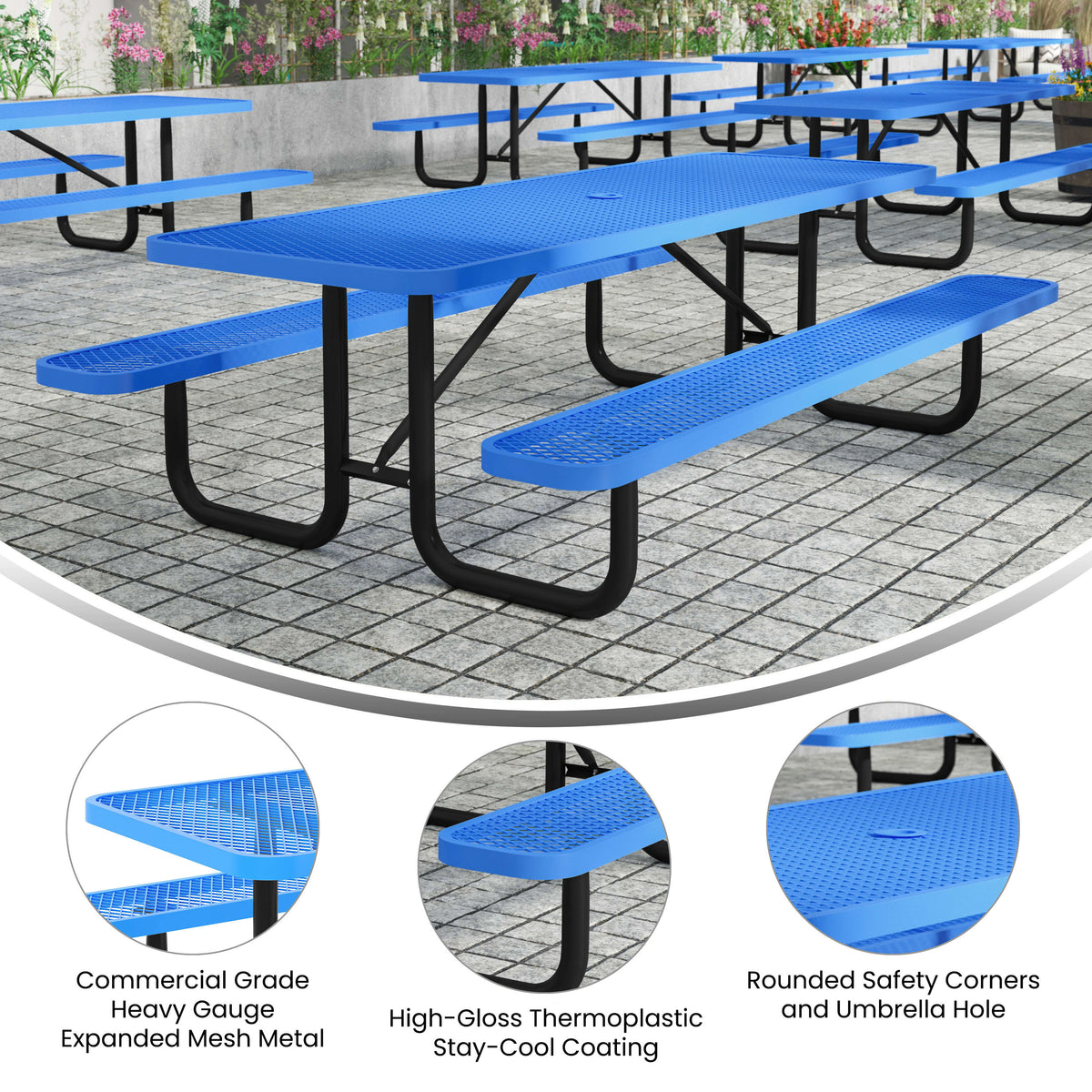 Blue,8' |#| Commercial 8' Rectangle Mesh Metal Outdoor Picnic Table with Ground Anchors-Blue