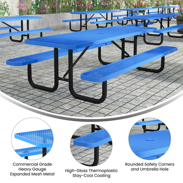 Blue,8' |#| Commercial 8' Rectangle Mesh Metal Outdoor Picnic Table with Ground Anchors-Blue