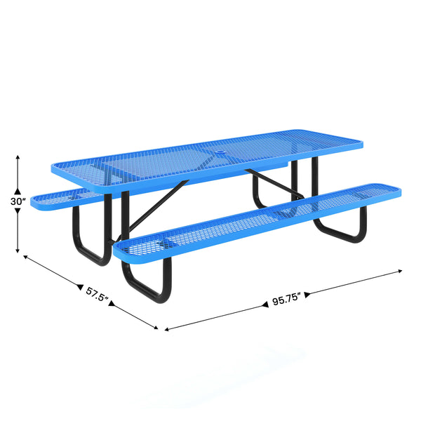 Blue,8' |#| Commercial 8' Rectangle Mesh Metal Outdoor Picnic Table with Ground Anchors-Blue