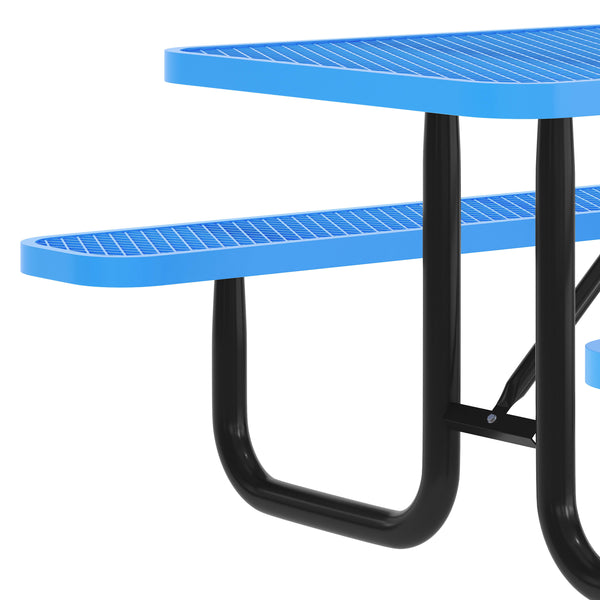 Blue,8' |#| Commercial 8' Rectangle Mesh Metal Outdoor Picnic Table with Ground Anchors-Blue