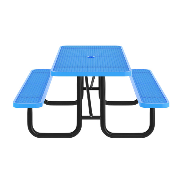 Blue,8' |#| Commercial 8' Rectangle Mesh Metal Outdoor Picnic Table with Ground Anchors-Blue