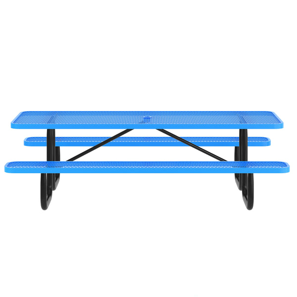 Blue,8' |#| Commercial 8' Rectangle Mesh Metal Outdoor Picnic Table with Ground Anchors-Blue