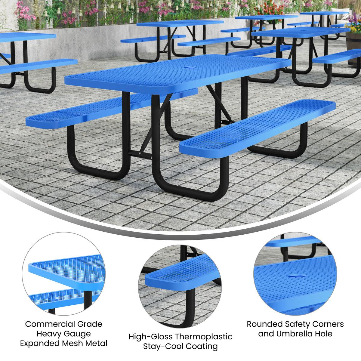 Blue,6' |#| Commercial 6' Rectangle Mesh Metal Outdoor Picnic Table with Ground Anchors-Blue