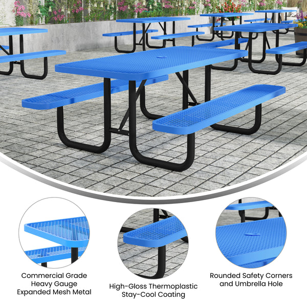 Blue,6' |#| Commercial 6' Rectangle Mesh Metal Outdoor Picnic Table with Ground Anchors-Blue