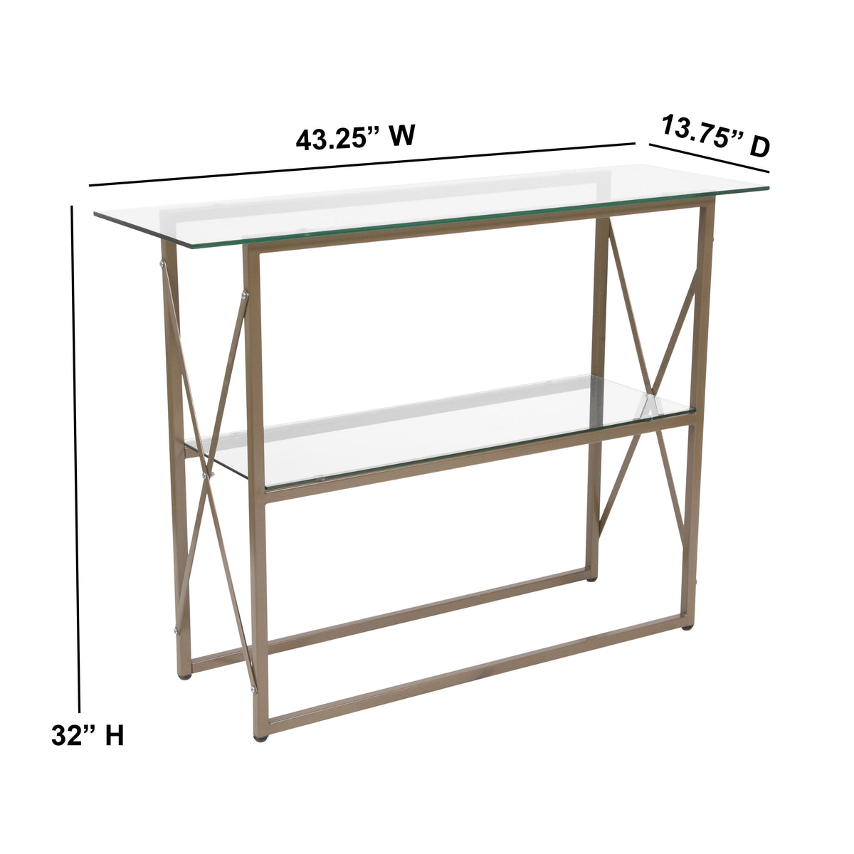 Glass Console Table with Criss Cross Matte Gold Frame - Occasional Table