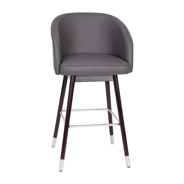 Gray |#| Commercial 30inch Mid-Back Barstool with Wooden Legs - Gray LeatherSoft/Walnut