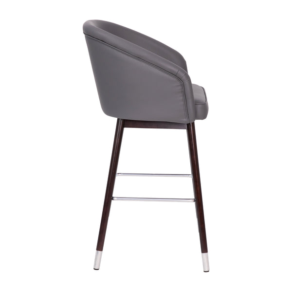 Gray |#| Commercial 30inch Mid-Back Barstool with Wooden Legs - Gray LeatherSoft/Walnut