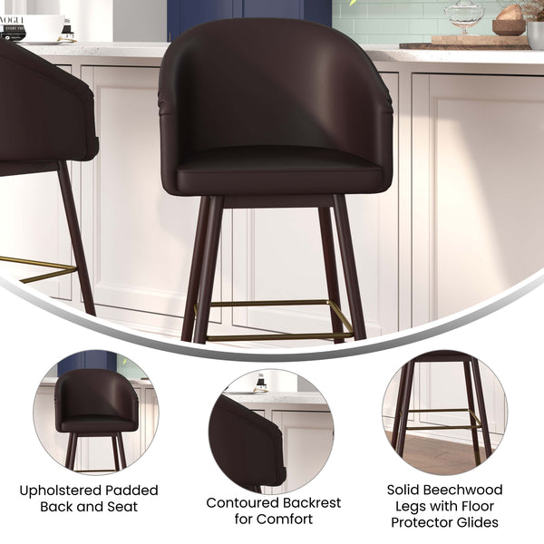 Brown |#| Commercial 30inch Mid-Back Barstool with Wooden Legs - Brown LeatherSoft/Walnut