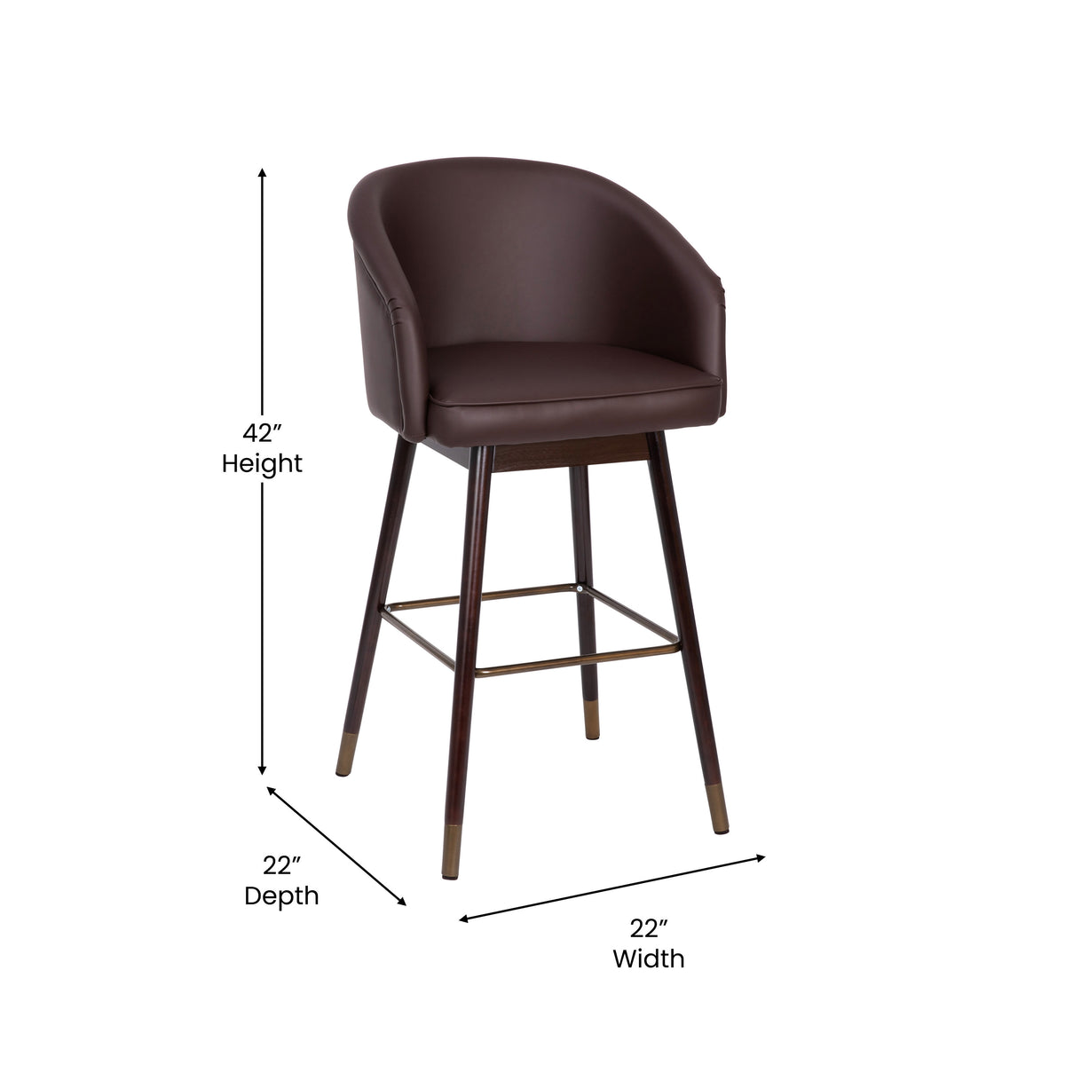 Brown |#| Commercial 30inch Mid-Back Barstool with Wooden Legs - Brown LeatherSoft/Walnut