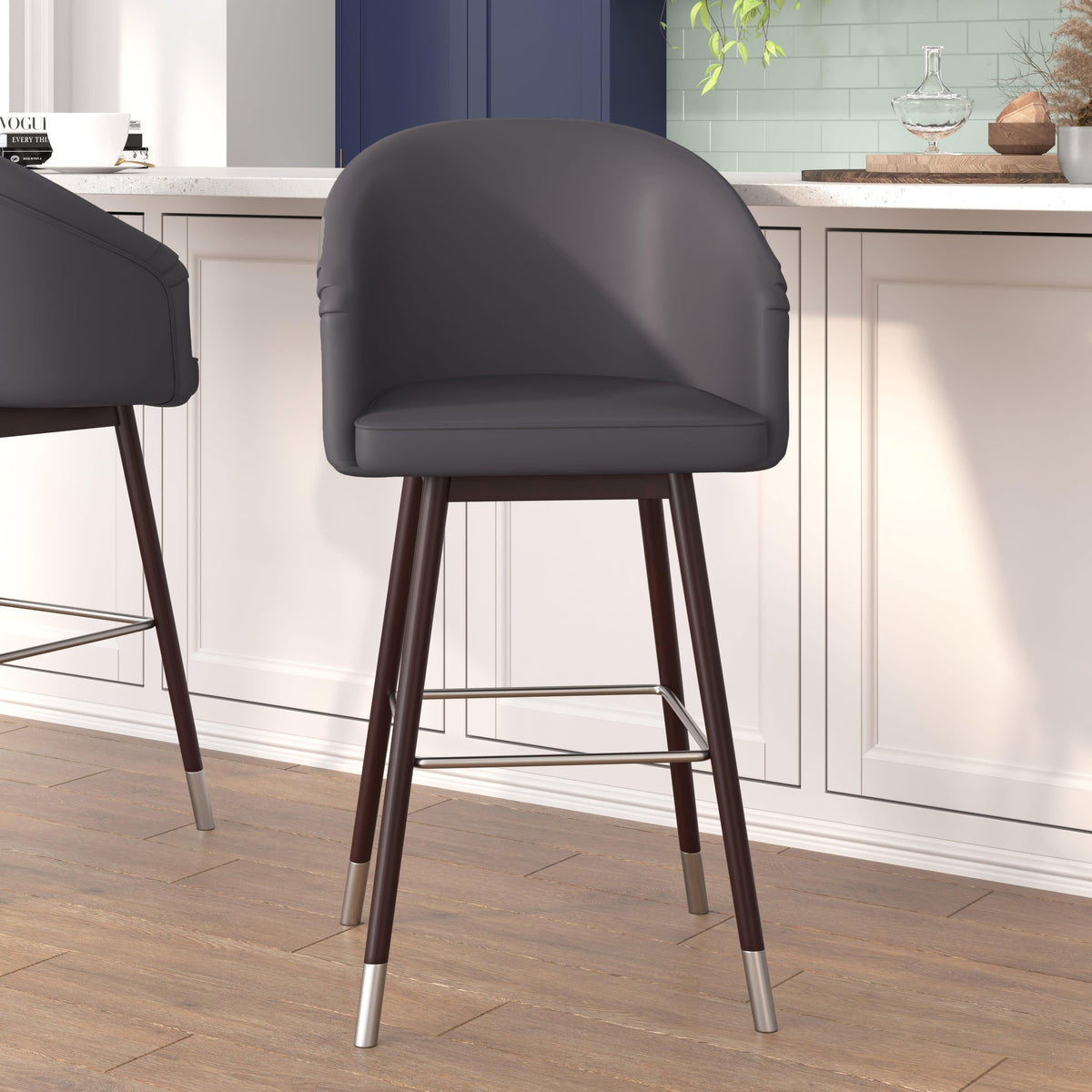 Gray |#| Commercial 30inch Mid-Back Barstool with Wooden Legs - Gray LeatherSoft/Walnut