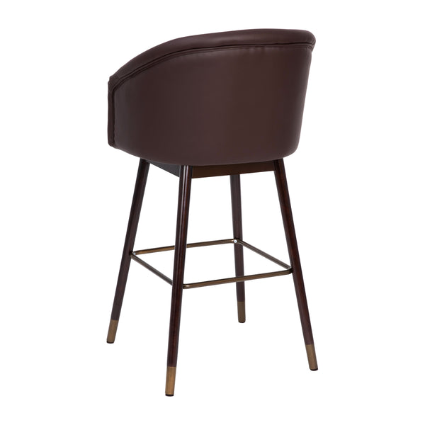 Brown |#| Commercial 30inch Mid-Back Barstool with Wooden Legs - Brown LeatherSoft/Walnut