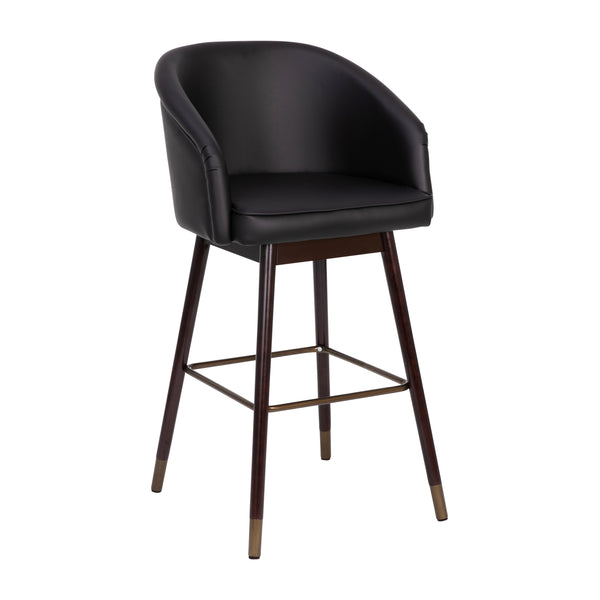 Black |#| Commercial 30inch Mid-Back Barstool with Wooden Legs - Black LeatherSoft/Walnut