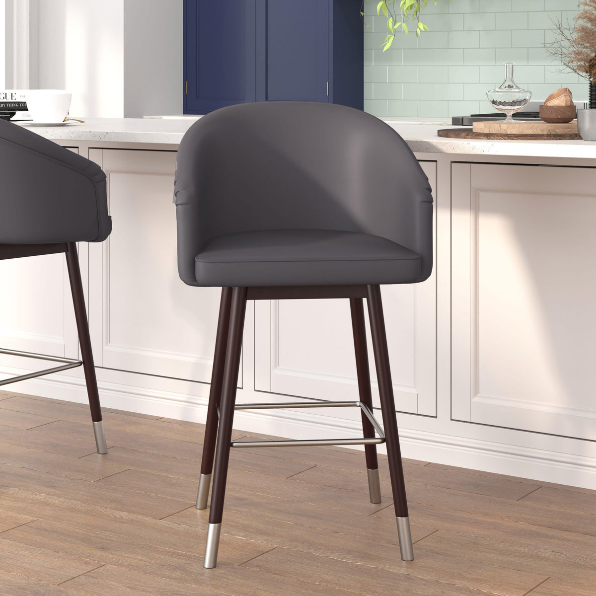 Gray |#| Commercial 26inch Mid-Back Counter Stool with Wood Legs - Gray LeatherSoft/Walnut