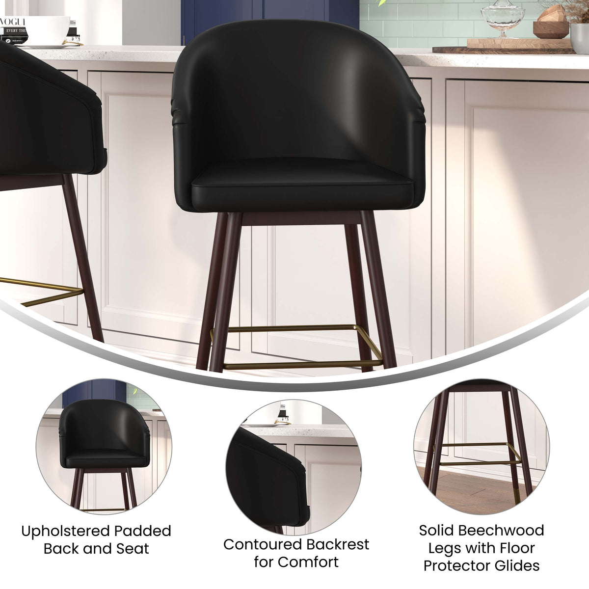 Black |#| Commercial 30inch Mid-Back Barstool with Wooden Legs - Black LeatherSoft/Walnut