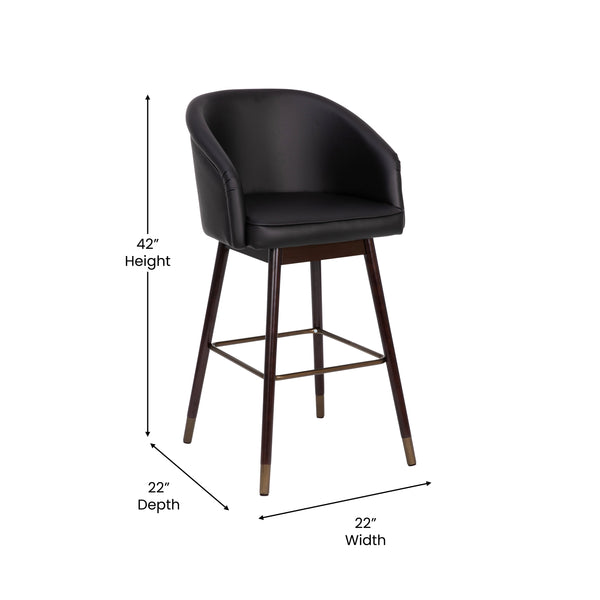 Black |#| Commercial 30inch Mid-Back Barstool with Wooden Legs - Black LeatherSoft/Walnut