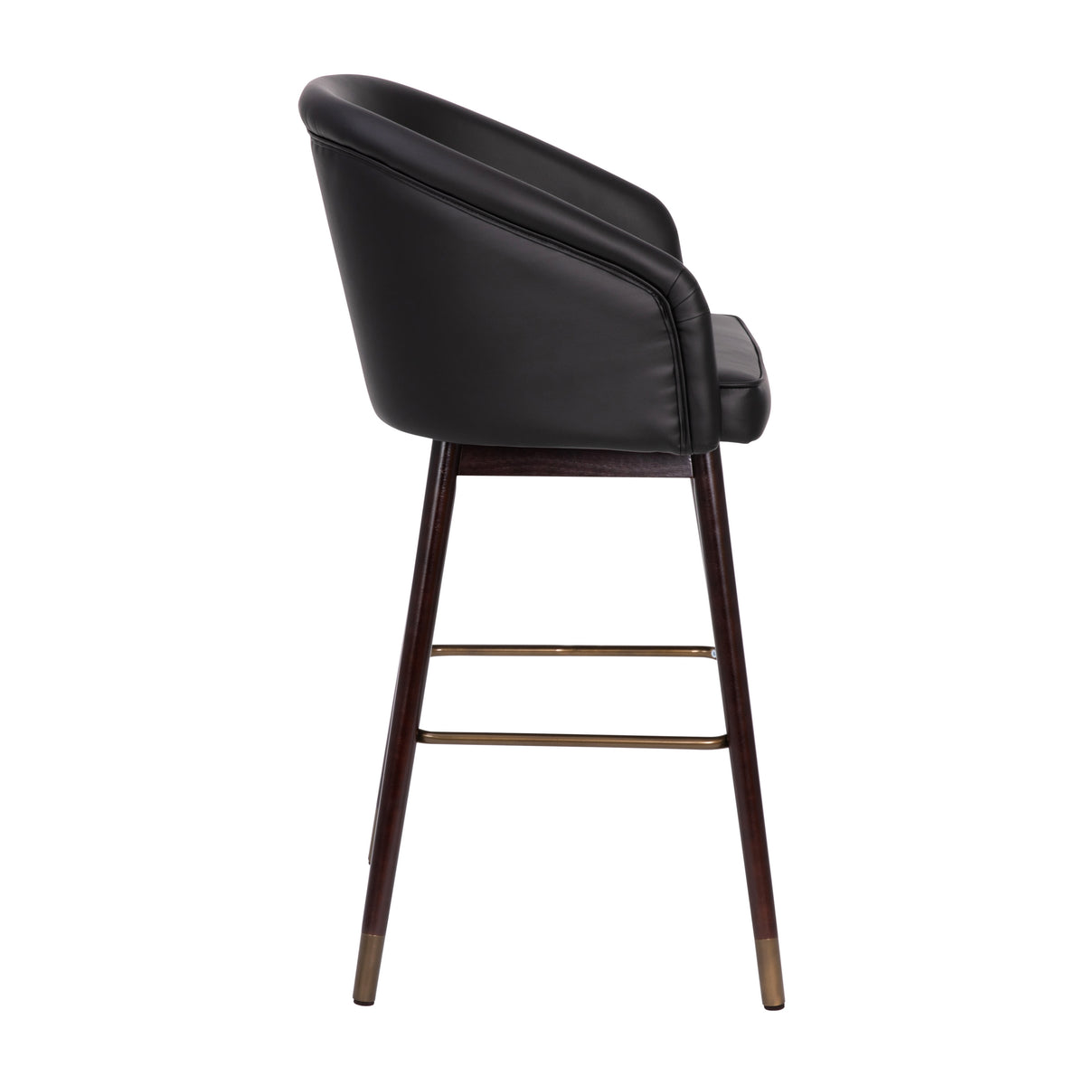 Black |#| Commercial 30inch Mid-Back Barstool with Wooden Legs - Black LeatherSoft/Walnut