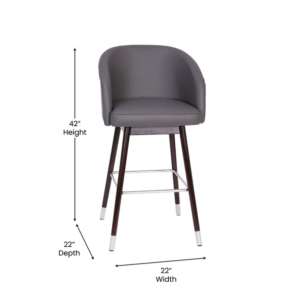 Gray |#| Commercial 30inch Mid-Back Barstool with Wooden Legs - Gray LeatherSoft/Walnut