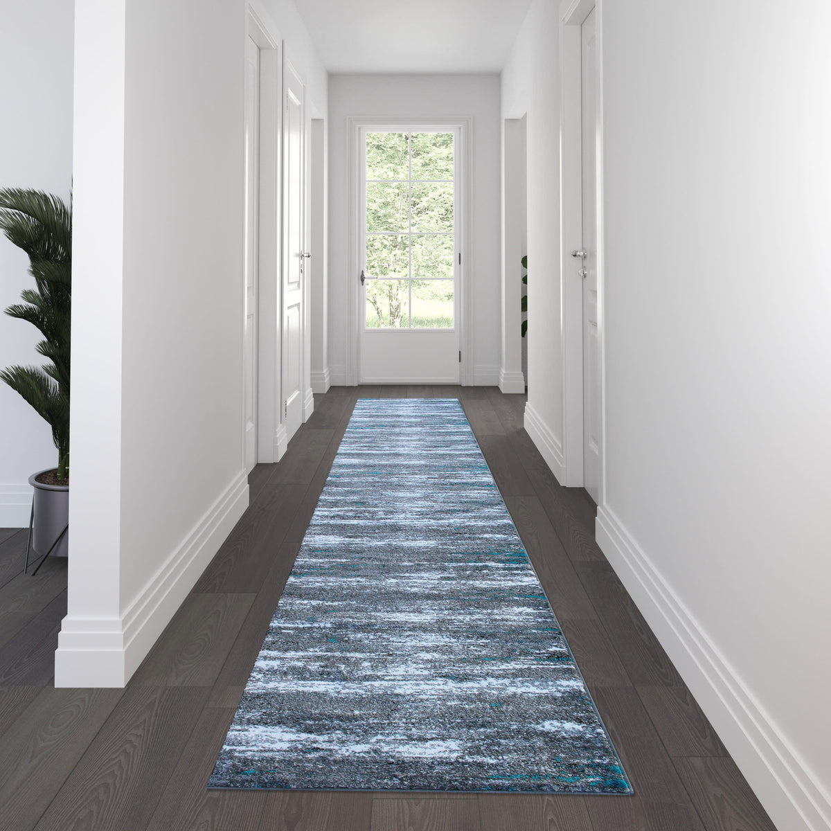 Turquoise,3' x 16' |#| Distressed Motif Indoor Jute Back Olefin 3' x 16' Area Rug in Turquoise