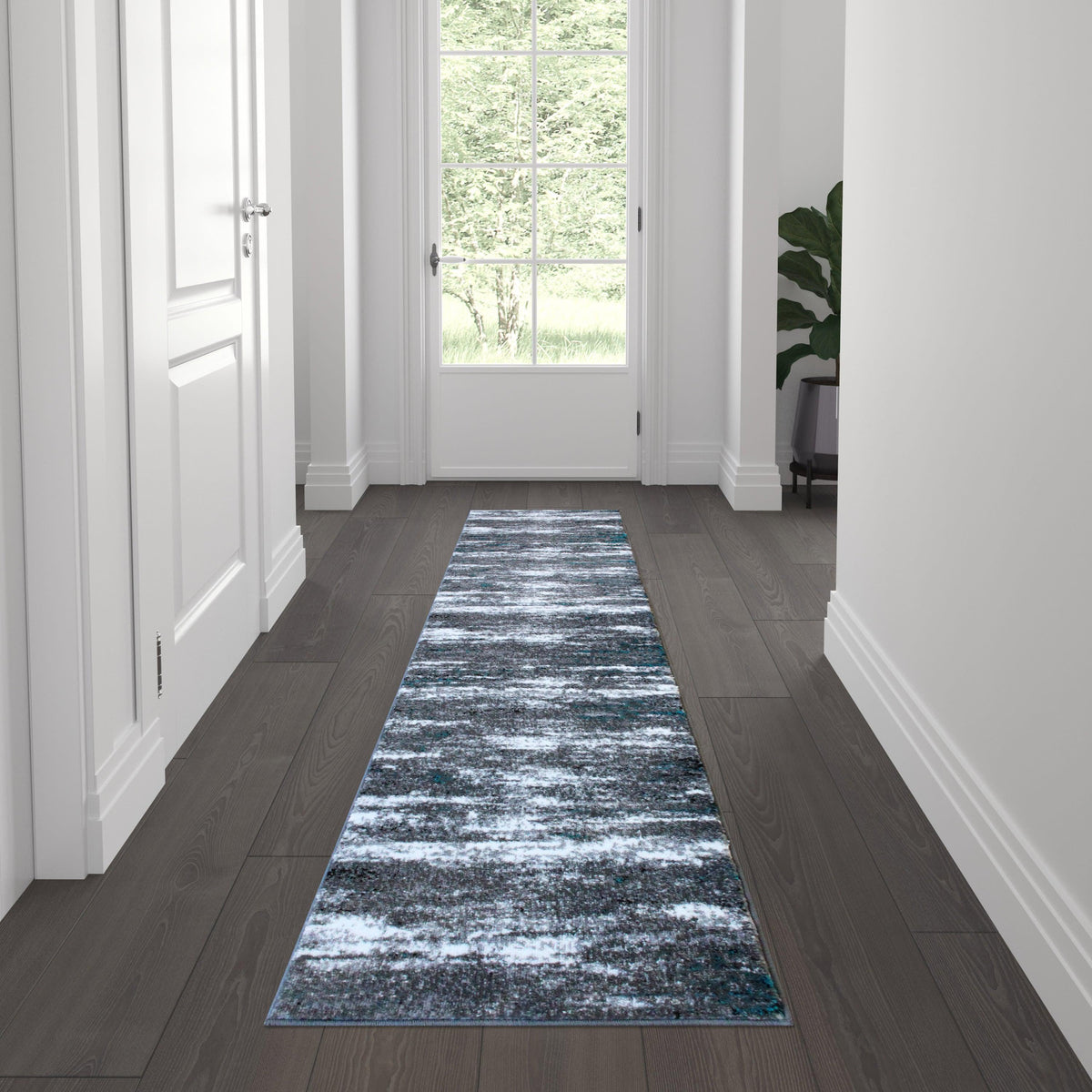 Turquoise,2' x 7' |#| Distressed Motif Indoor Jute Back Olefin 2' x 7' Area Rug in Turquoise