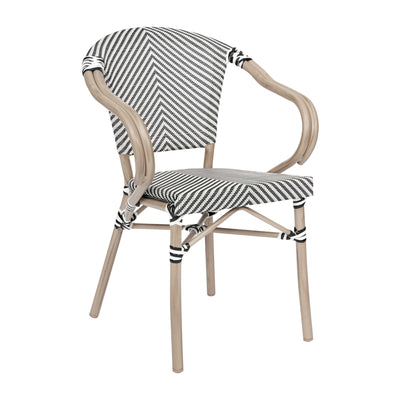 Marseille Indoor/Outdoor Commercial French Bistro Stacking Chair with Arms, Textilene and Bamboo Print Aluminum Frame