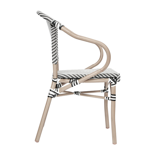 Black & White/Light Natural Frame |#| All-Weather Commercial Paris Chair with Arms and LT Natural Metal Frame-Black/White