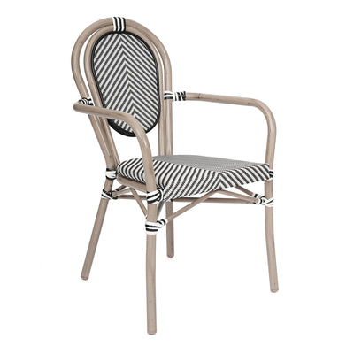 Marseille Indoor/Outdoor Commercial Thonet French Bistro Stacking Chair with Arms, Textilene and Bamboo Print Aluminum Frame