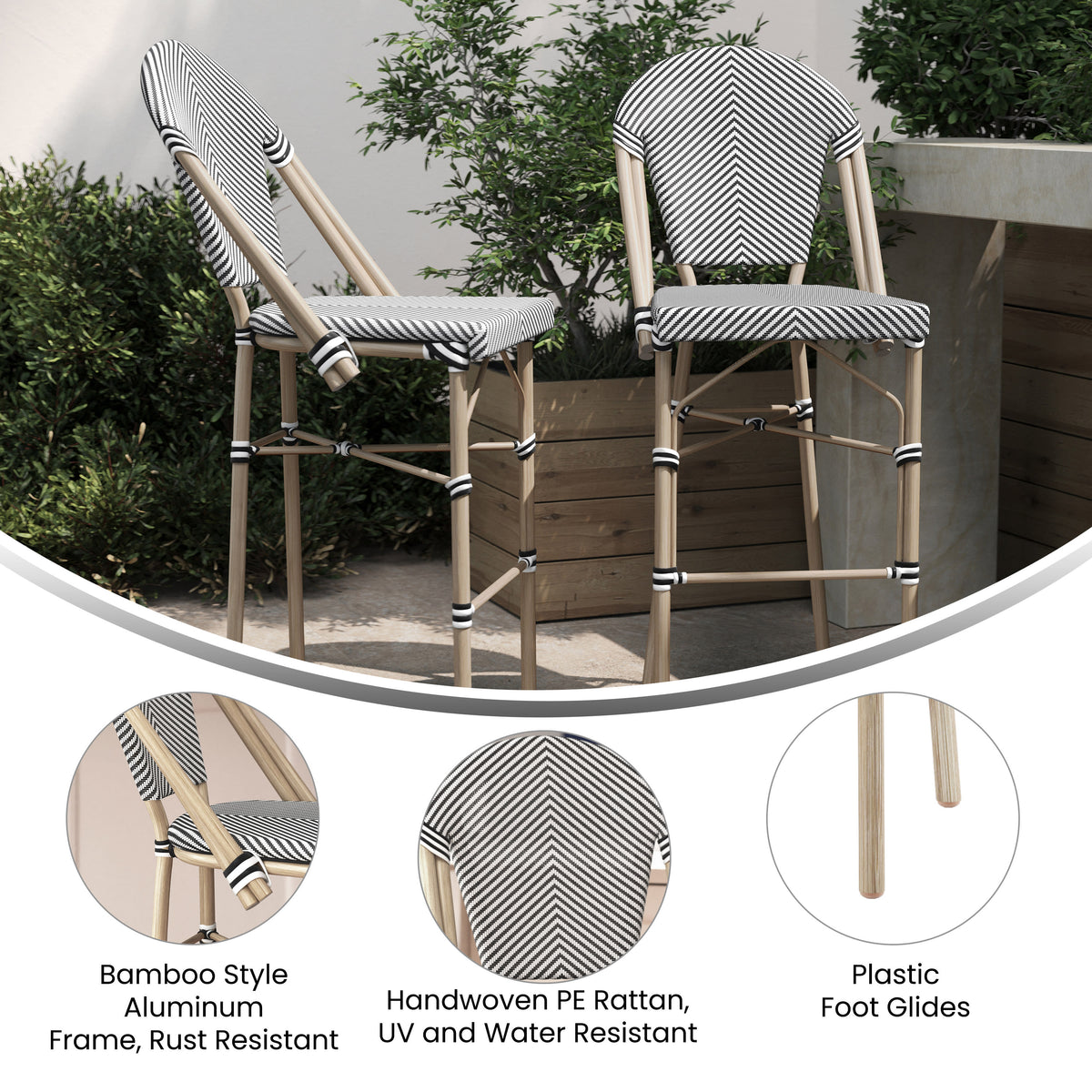 Black & White/Light Natural Frame |#| All-Weather Commercial Paris Stool with Light Natural Metal Frame-Black/White