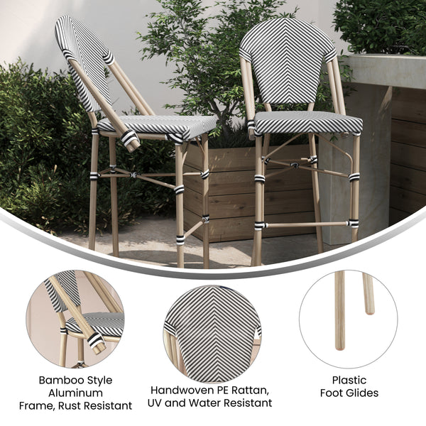Black & White/Light Natural Frame |#| All-Weather Commercial Paris Stool with Light Natural Metal Frame-Black/White