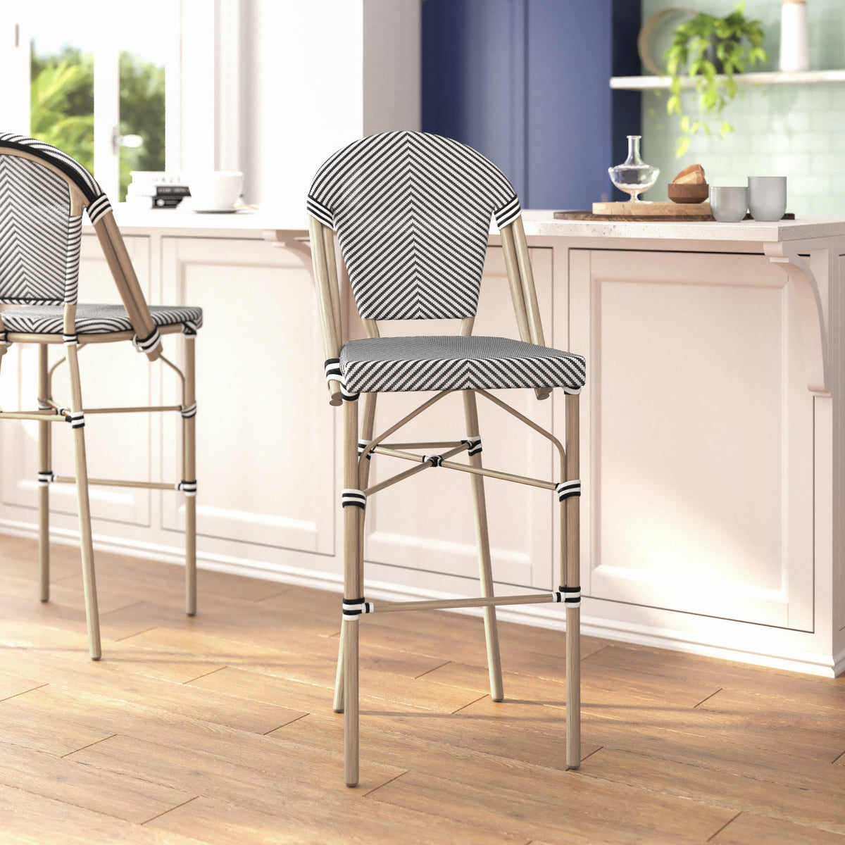 Black & White/Light Natural Frame |#| All-Weather Commercial Paris Stool with Light Natural Metal Frame-Black/White