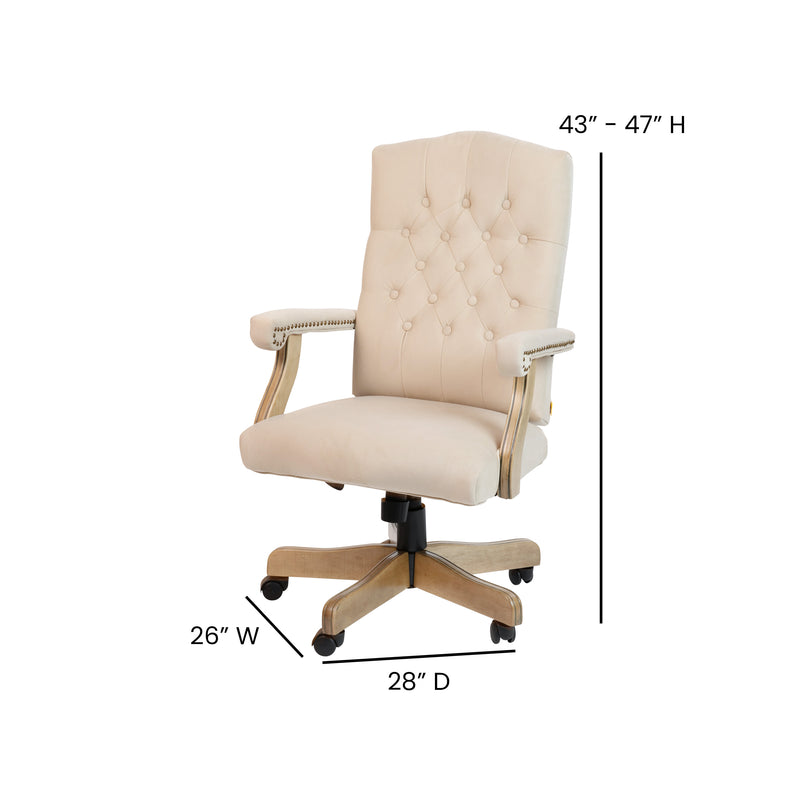 Ivory Microfiber/Driftwood Frame |#| Ivory Microfiber Classic Executive Swivel Office Chair with Driftwood Base