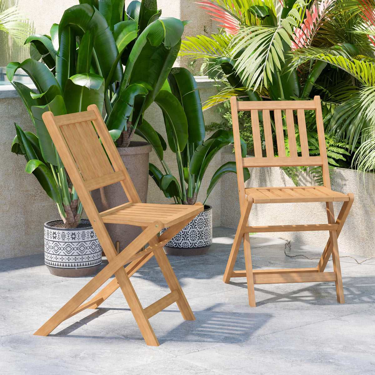 Indoor/Outdoor Solid Acacia Wood Folding Bistro Chairs in Natural - Set of 2