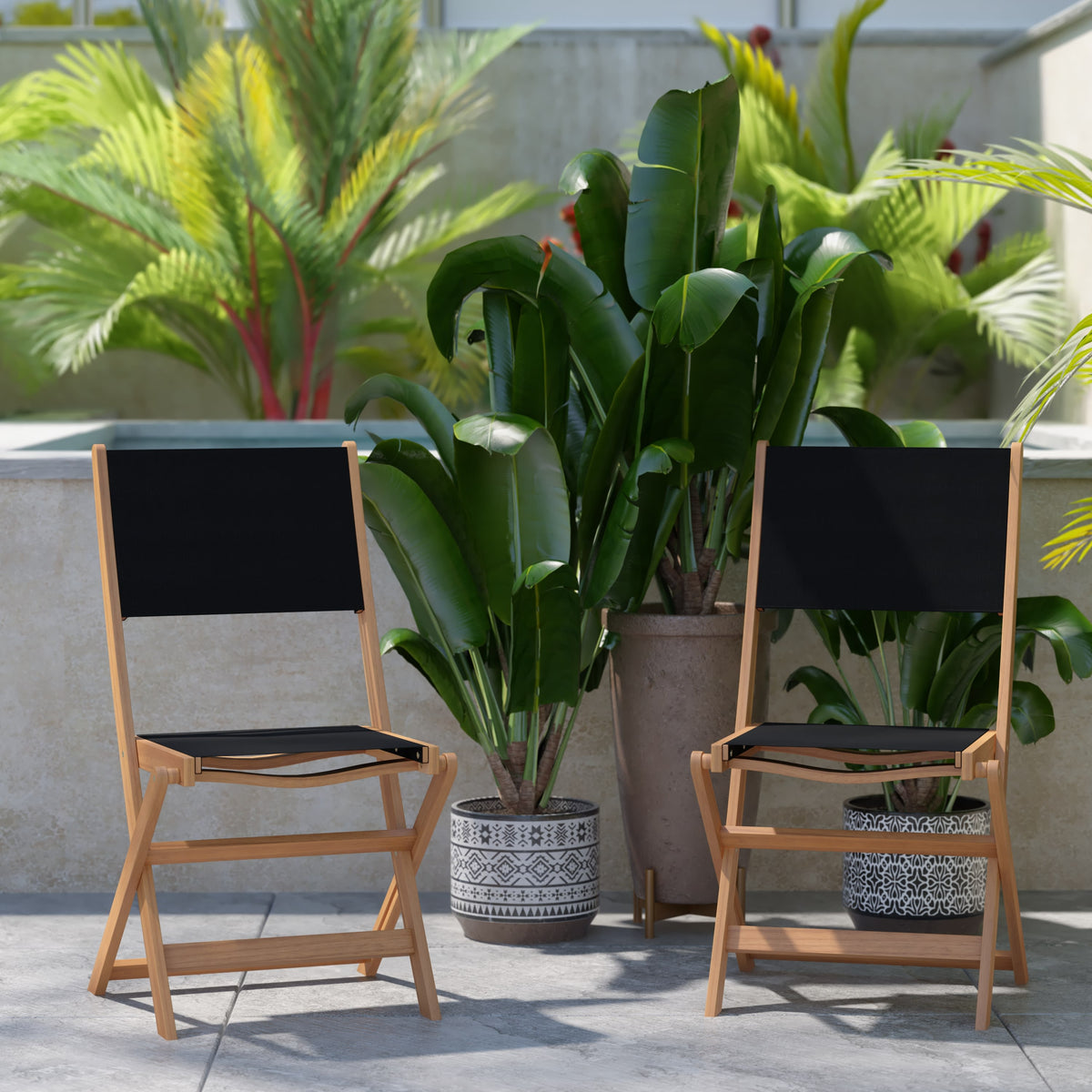 2PK All-Weather Acacia Wood Folding Bistro Chairs-Mesh Back/Seat-Natural/Black