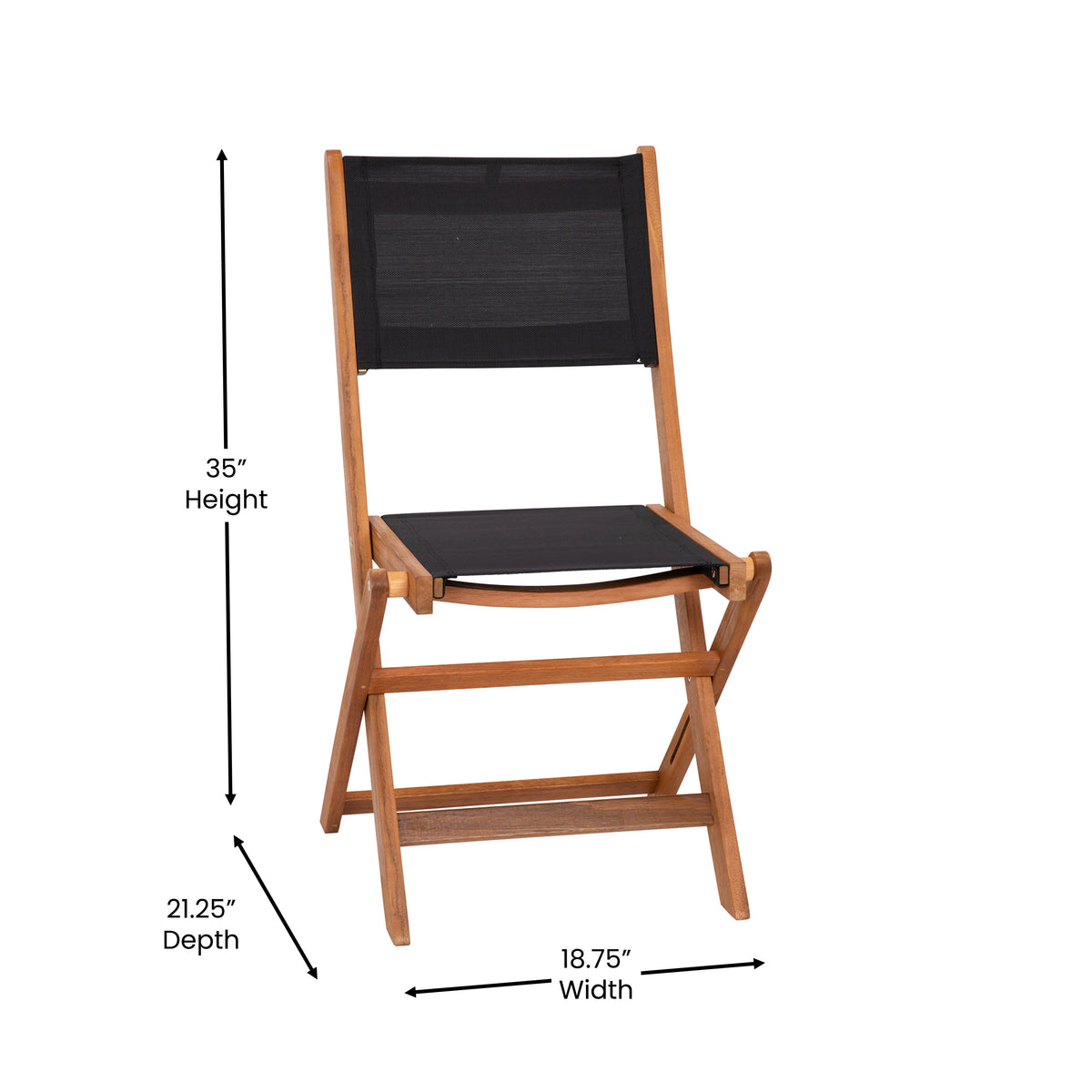 2PK All-Weather Acacia Wood Folding Bistro Chairs-Mesh Back/Seat-Natural/Black