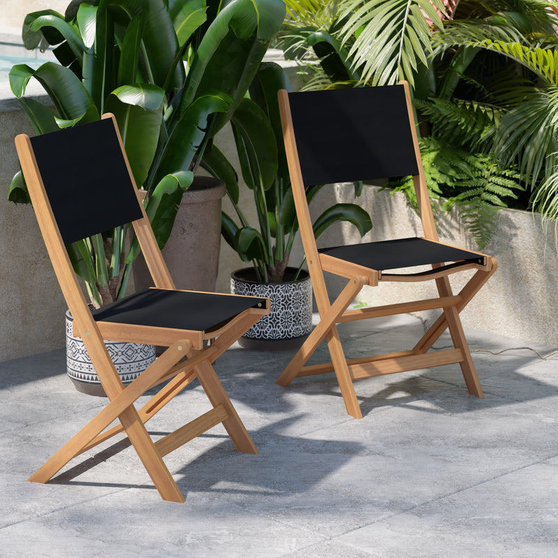 2PK All-Weather Acacia Wood Folding Bistro Chairs-Mesh Back/Seat-Natural/Black