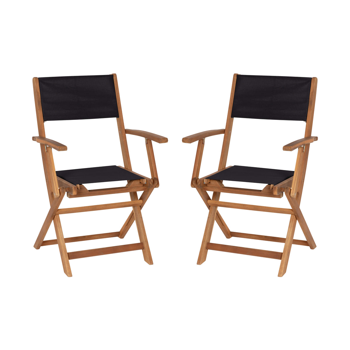 2PK All-Weather Acacia Wood and Mesh Folding Bistro Armchairs - Natural/Black