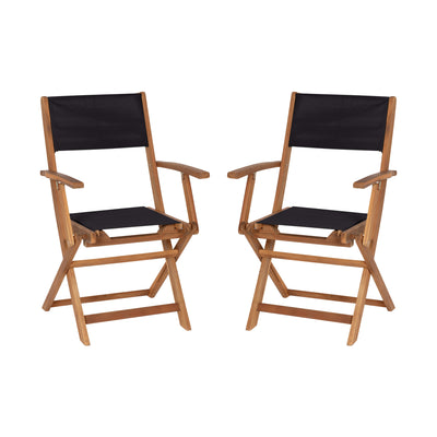 Martindale Indoor/Outdoor Folding Acacia Wood Patio Bistro Chairs with X Base Frame with Arms and Textilene Back and Seat, Set of 2