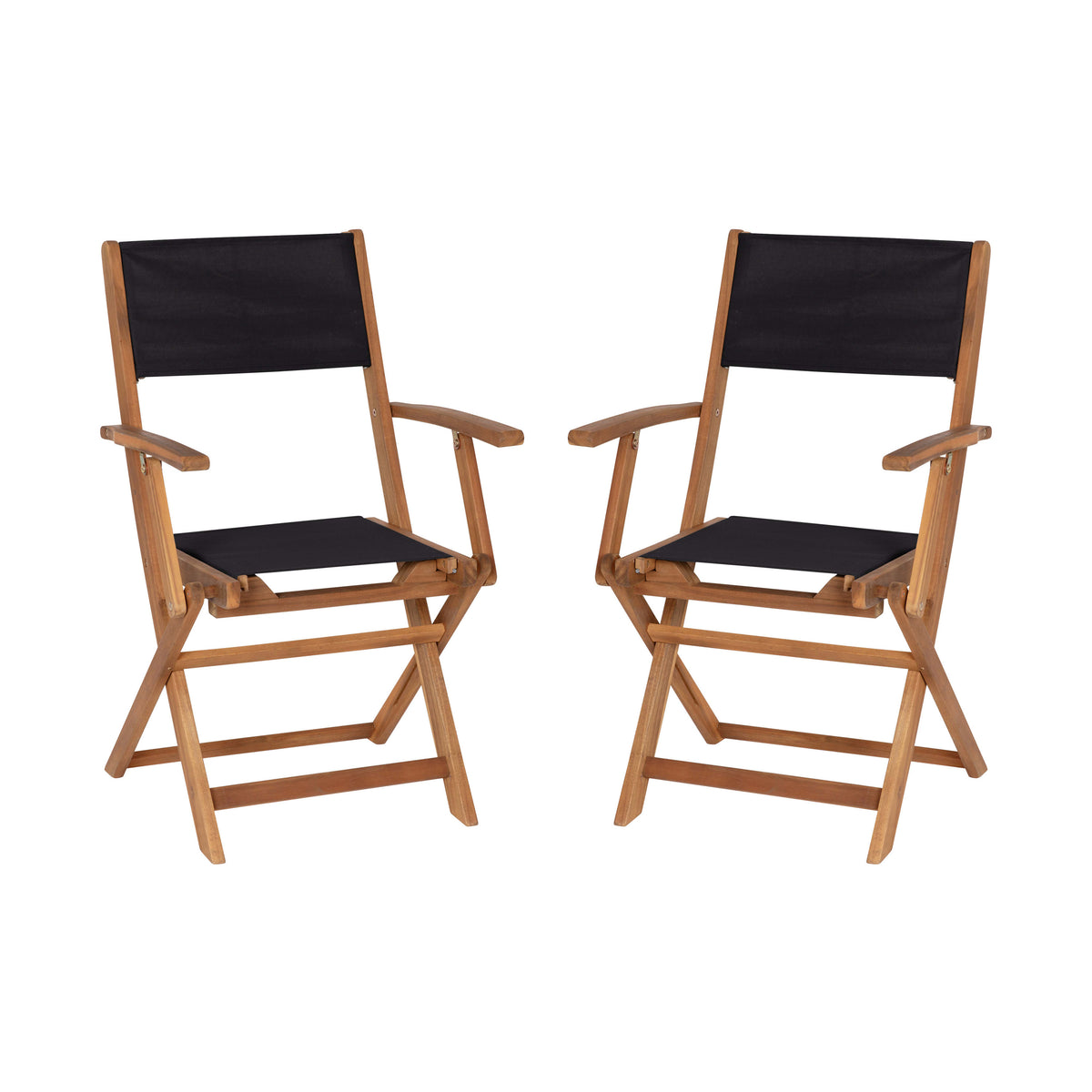 2PK All-Weather Acacia Wood and Mesh Folding Bistro Armchairs - Natural/Black