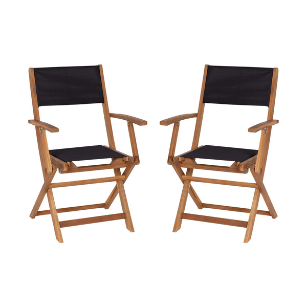 2PK All-Weather Acacia Wood and Mesh Folding Bistro Armchairs - Natural/Black