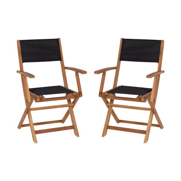 2PK All-Weather Acacia Wood and Mesh Folding Bistro Armchairs - Natural/Black