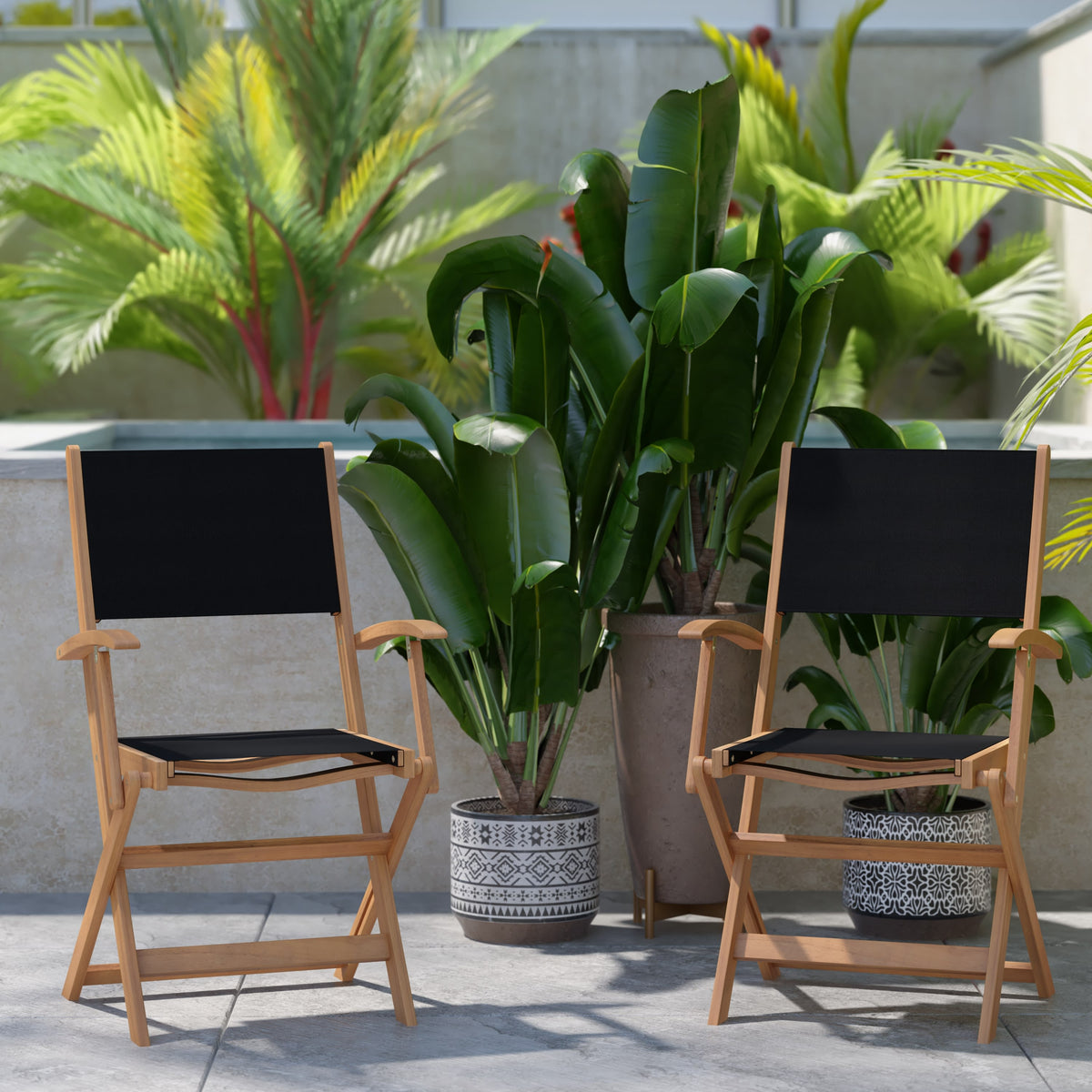 2PK All-Weather Acacia Wood and Mesh Folding Bistro Armchairs - Natural/Black