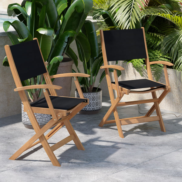 2PK All-Weather Acacia Wood and Mesh Folding Bistro Armchairs - Natural/Black