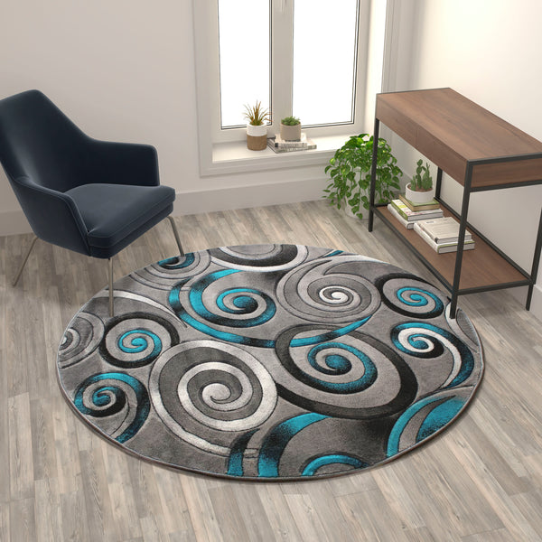 6' Round |#| Modern Spiral Patterned Turquoise 6' x 6' Round Olefin Indoor Area Rug