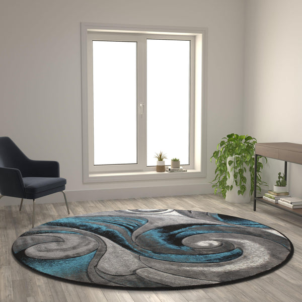 8' Round |#| Modern Spiral Patterned Turquoise 8' x 8' Round Olefin Indoor Area Rug