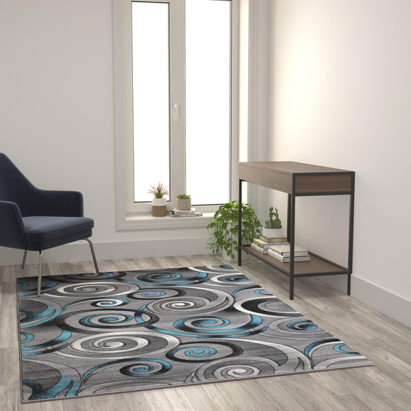 5' x 7' |#| Modern Spiral Patterned Turquoise 5' x 7' Olefin Indoor Area Rug