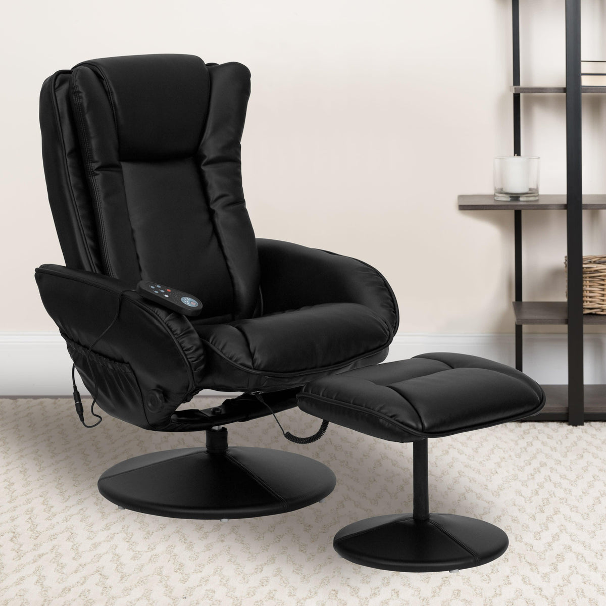 Black |#| Black LeatherSoft Massaging Multi-Position Recliner w/Side Pocket &Ottoman