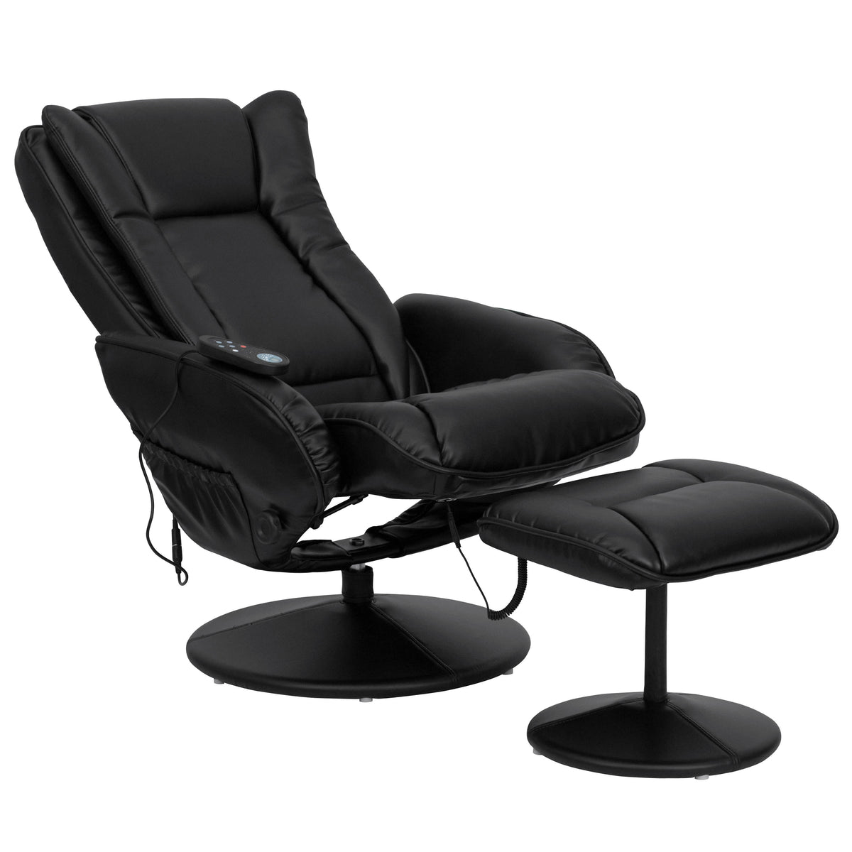 Black |#| Black LeatherSoft Massaging Multi-Position Recliner w/Side Pocket &Ottoman