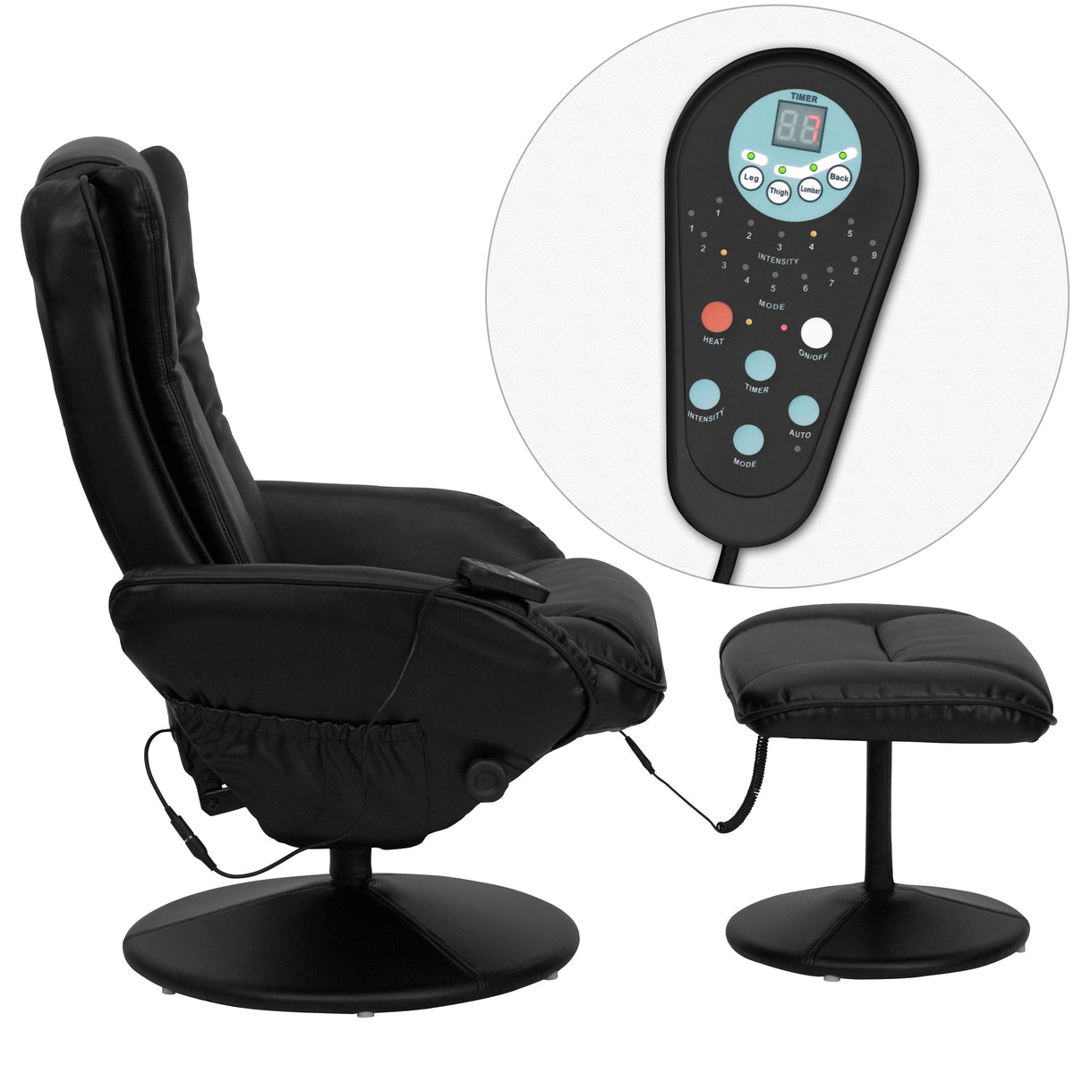 Black |#| Black LeatherSoft Massaging Multi-Position Recliner w/Side Pocket &Ottoman